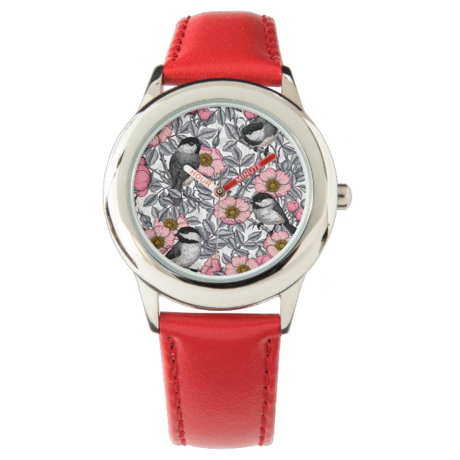 Chickadees i vilden ro, rosa och grått armbandsur (Framsida)