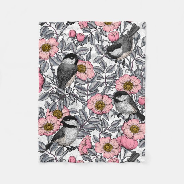 Chickadees i vilden ro, rosa och grått fleecefilt (Framsidan)