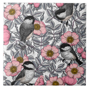 Chickadees i vilden ro, rosa och grått kakelplatta