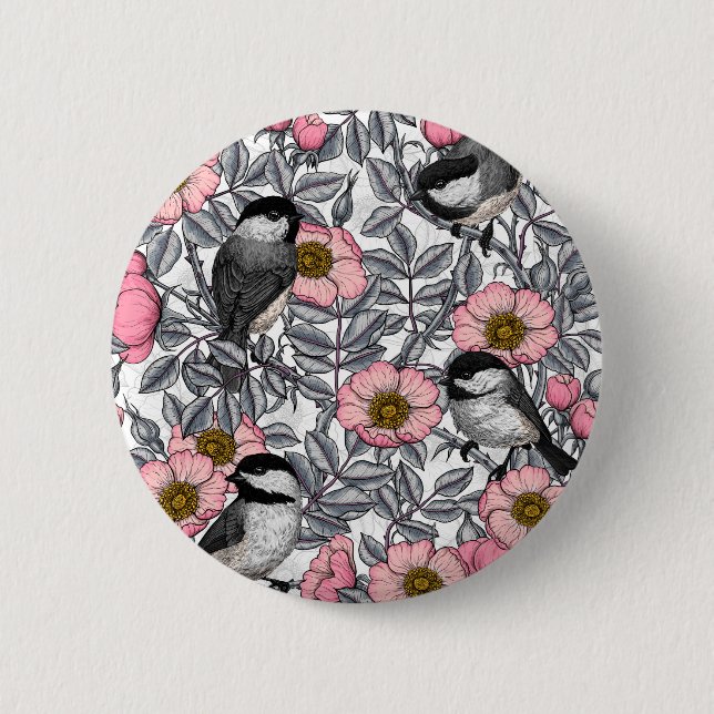 Chickadees i vilden ro, rosa och grått knapp (Framsida)