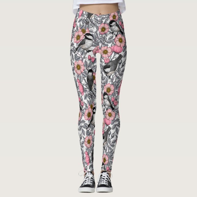 Chickadees i vilden ro, rosa och grått leggings (Framsida)