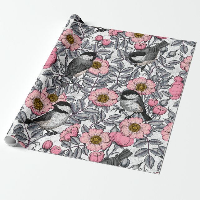 Chickadees i vilden ro, rosa och grått presentpapper (Utrullad)
