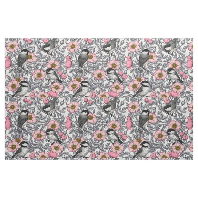 Chickadees i vilden ro, rosa och grått tyg (Fat Quarter)