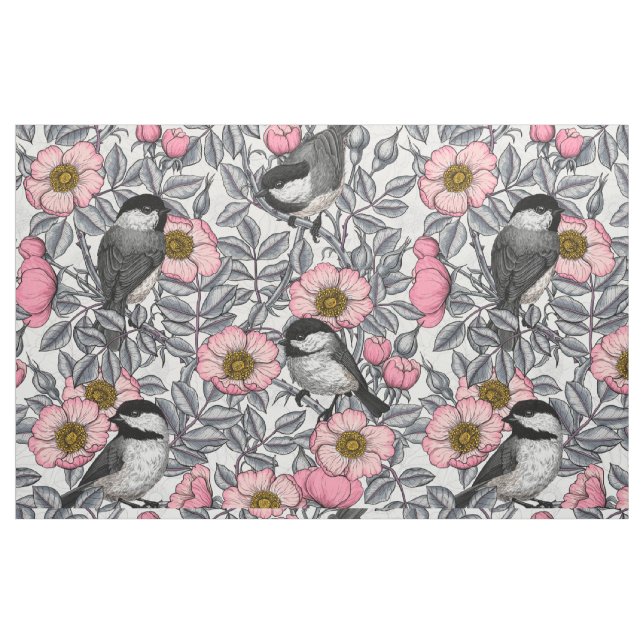 Chickadees i vilden ro, rosa och grått tyg (Fat Quarter)