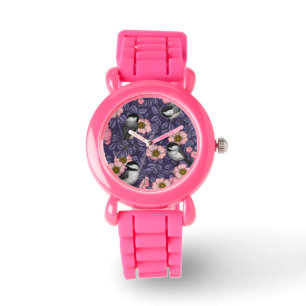 Chickadees i vilden ro vid rosa och violett armbandsur