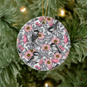 Chickadees in vild ro keramisk ornament