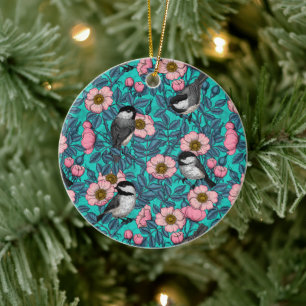 Chickadees in vild ro keramisk ornament
