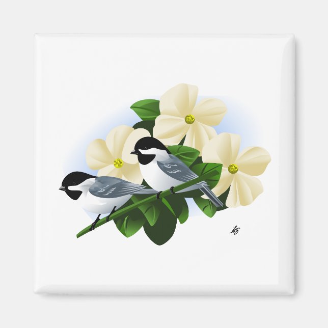 Chickadees och Dogwood Flower Magnet (Framsidan)