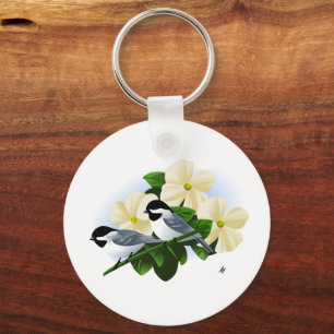 Chickadees och Dogwood Flower Nyckelring