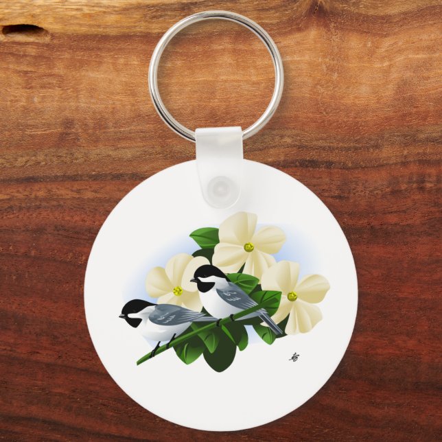 Chickadees och Dogwood Flower Nyckelring (Framsida)