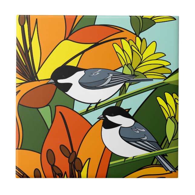 Chickadees och Flower Kakelplatta (Framsidan)
