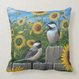 Chickadees och solrosor kudde