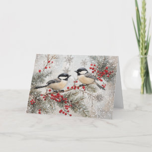 Chickadees på Evergreen med Red Berries Kort