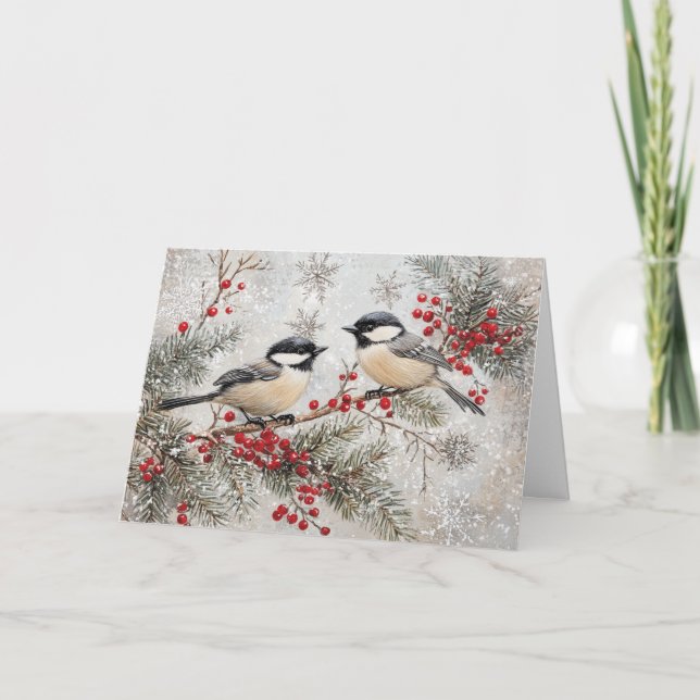 Chickadees på Evergreen med Red Berries Kort (Framsida)