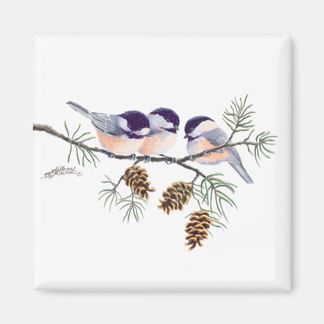 CHICKADEES & PINECONES by SHARON SHARPE Magnet (Framsidan)