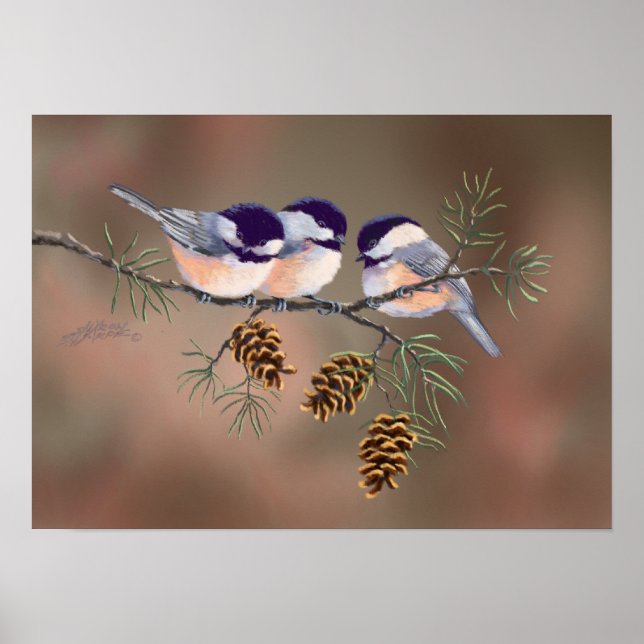 CHICKADEES & PINECONES by SHARON SHARPE Poster (Framsidan)