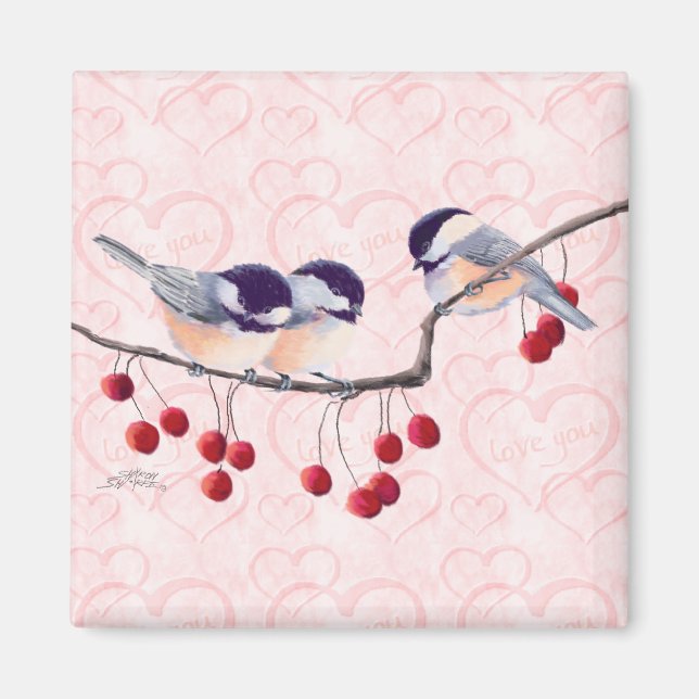 CHICKADEES & RED BERRIES by SHARON SHARPE Magnet (Framsidan)