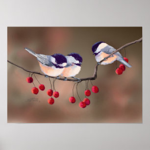 CHICKADEES & RED BERRIES by SHARON SHARPE Poster