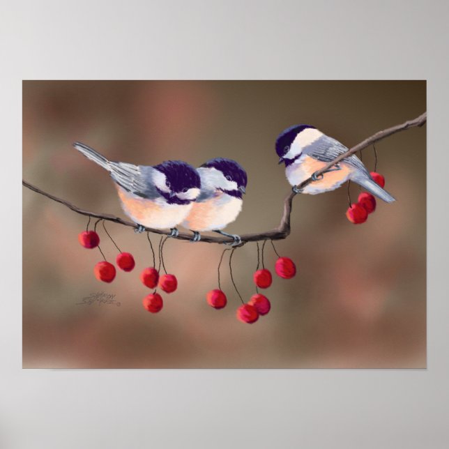 CHICKADEES & RED BERRIES by SHARON SHARPE Poster (Framsidan)