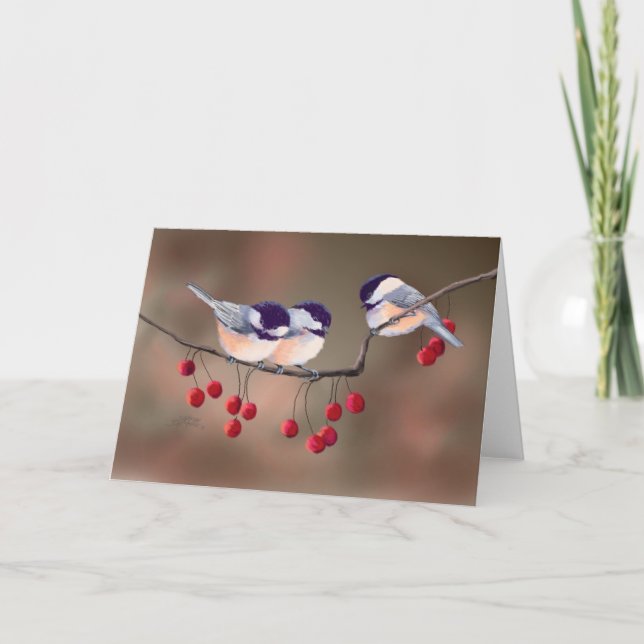 CHICKADEES & RÖDA BÄR av SHARON SHARPE Helgkort (Framsida)