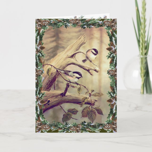 CHICKADES & WREATH by SHARON SHARPE Helgkort (Framsida)