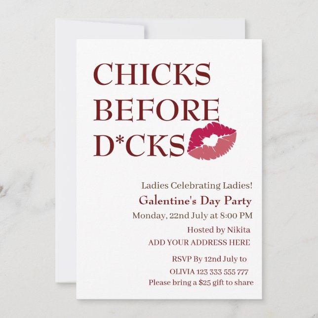 CHICKAR FÖRE D*CKS Galentine's Day Dam night Inbjudningar (Framsida)