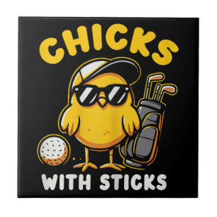 Chickar med Sticks Golfer Girl Woman Golf Klubb Go Kakelplatta