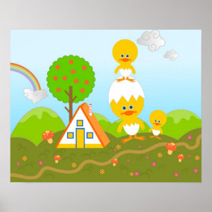 Chickar och orange träd poster