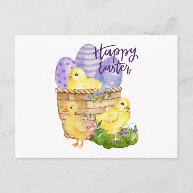 Chickarna Glad påsk Cute och Påskägg Basket Vykort (Framsida)