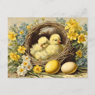Chickarna påsk Gult Baby i Basket och Blommor Helg Vykort