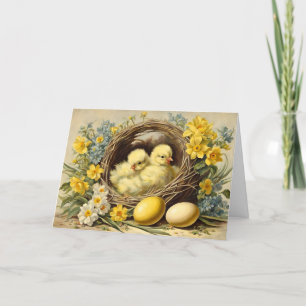 Chickarna påsk Gult Baby i Basket och Blommor Helgkort