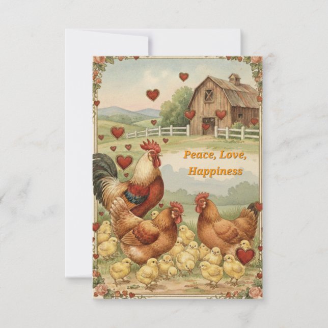 Chicken Barnyard Love, Peace Valentine's day card Anteckningskort (Framsida)