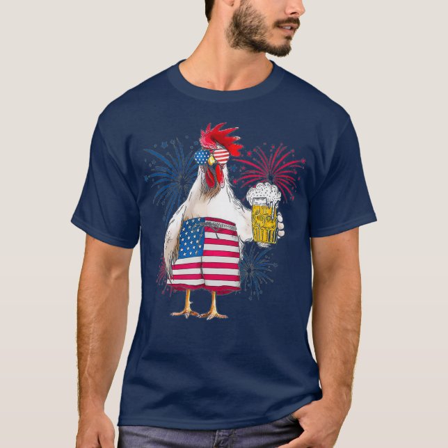 Chicken Cheer Beer American Flagga Fireworks T Shirt (Framsida)