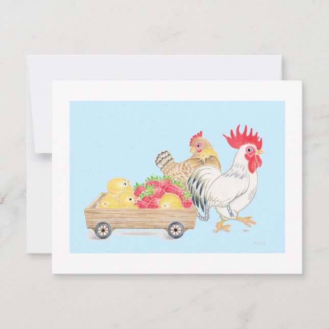 Chicken Chicks Family Strawberries Blue Flat  Card Tack Kort (Framsida)