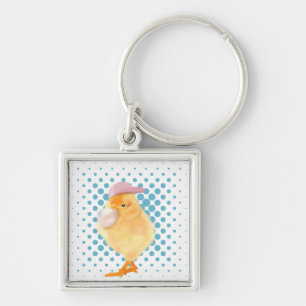 Chicken Cute Retro Vibes Bubblegum White Fyrkantig Silverfärgad Nyckelring