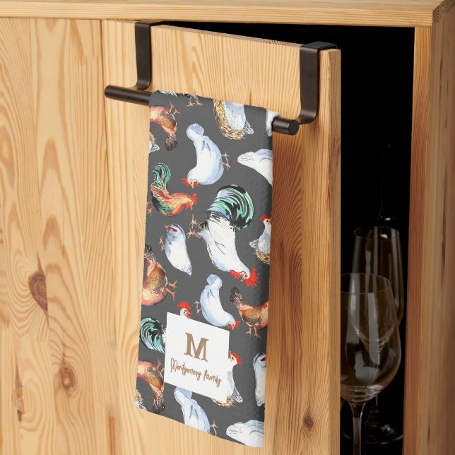 Chicken Family Farmhouse Monogram Kökshandduk (Thirds Fold)