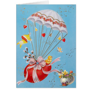 CHICKEN FLYING WITH RED PÅSKÄGG BALLOON HÄLSNINGSKORT