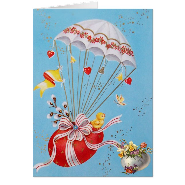 CHICKEN FLYING WITH RED PÅSKÄGG BALLOON HÄLSNINGSKORT (Framsidan)