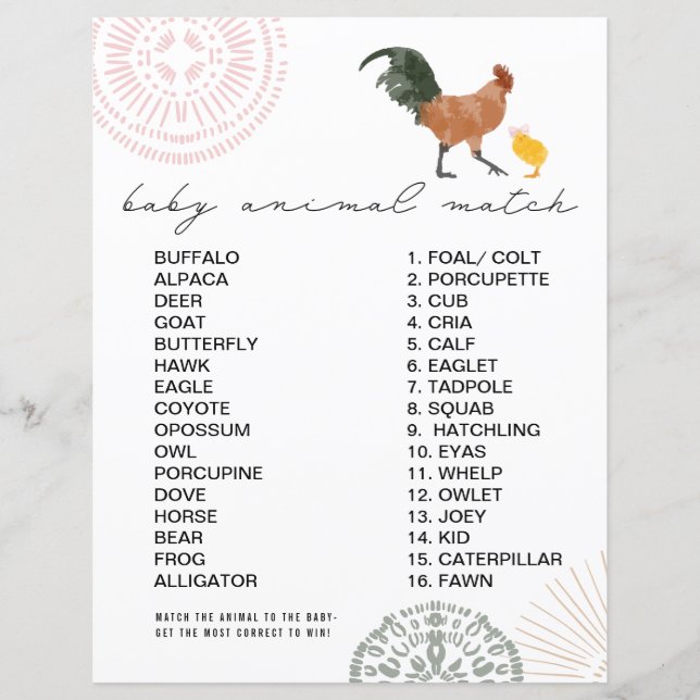 Chicken Girl Baby Shower Animal Match Game (Framsida)