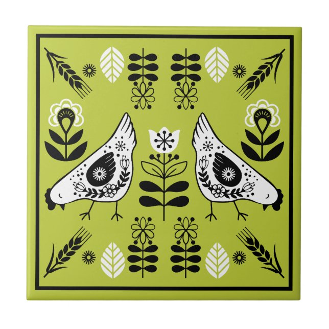 Chicken Hen Folk Art Kakelplatta (Framsidan)