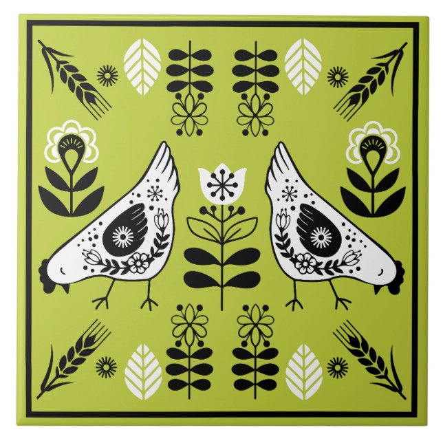 Chicken Hen Folk Art Kakelplatta (Framsidan)