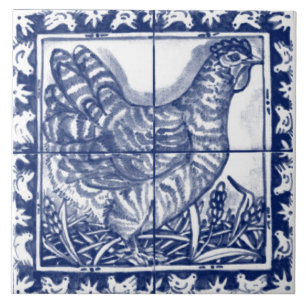 Chicken Hen Rustic Blue White Delft Dedham Vintage Kakelplatta