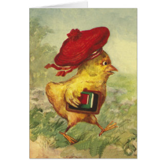 Chicken i en röd basker går back to school OBS kort