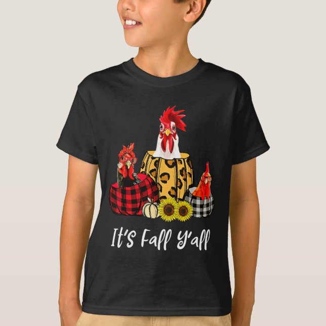 Chicken It's Fall Y'all Leopard Pumpkin Autumn Tha T Shirt (Framsida)