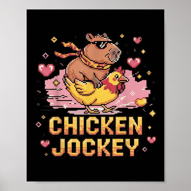 Chicken Jockey Capybara Riding Pixel Art Gamer Mem Poster (Framsidan)