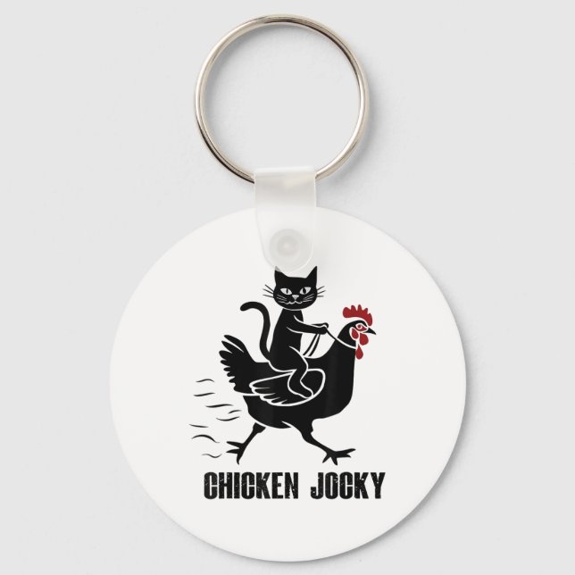 Chicken Jockey Funny Black Cat Nyckelring (Framsida)