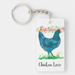 Chicken Kärlek Peach Blommar Watercolor Nyckelring