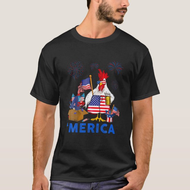 Chicken Merica 4:e juli Sommaramerikanska Flagga C T Shirt (Framsida)