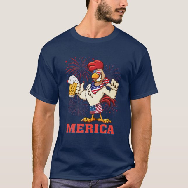 Chicken Merica Fireworks 4:e juli SommarAmerika T Shirt (Framsida)