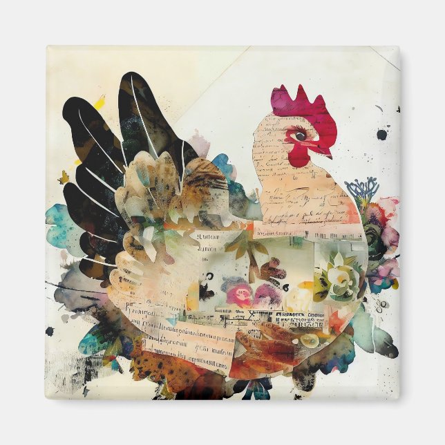 Chicken Mixed Media Art Collage Magnet (Framsidan)